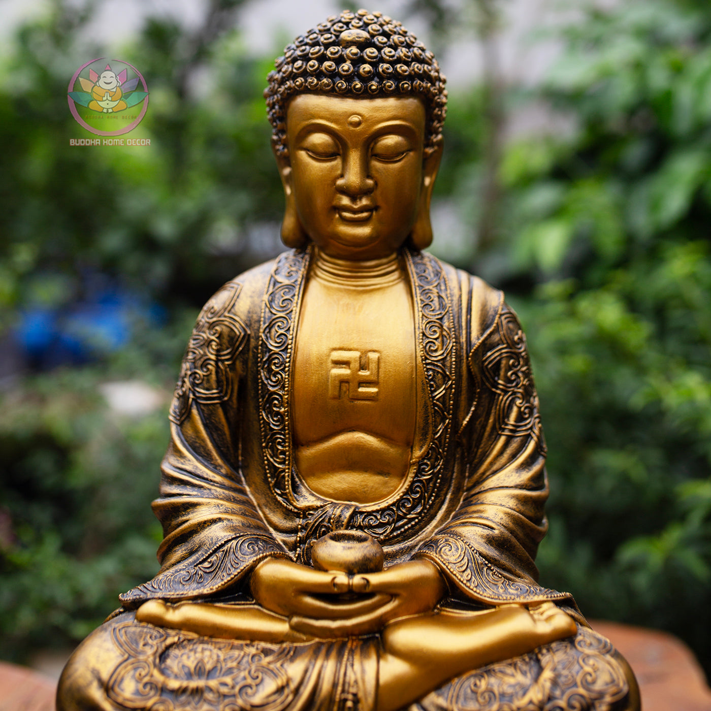 Golden Amitabha Buddha Statue – 14.9" Resin & Stone Sculpture | Meditating Buddha on Lotus Base