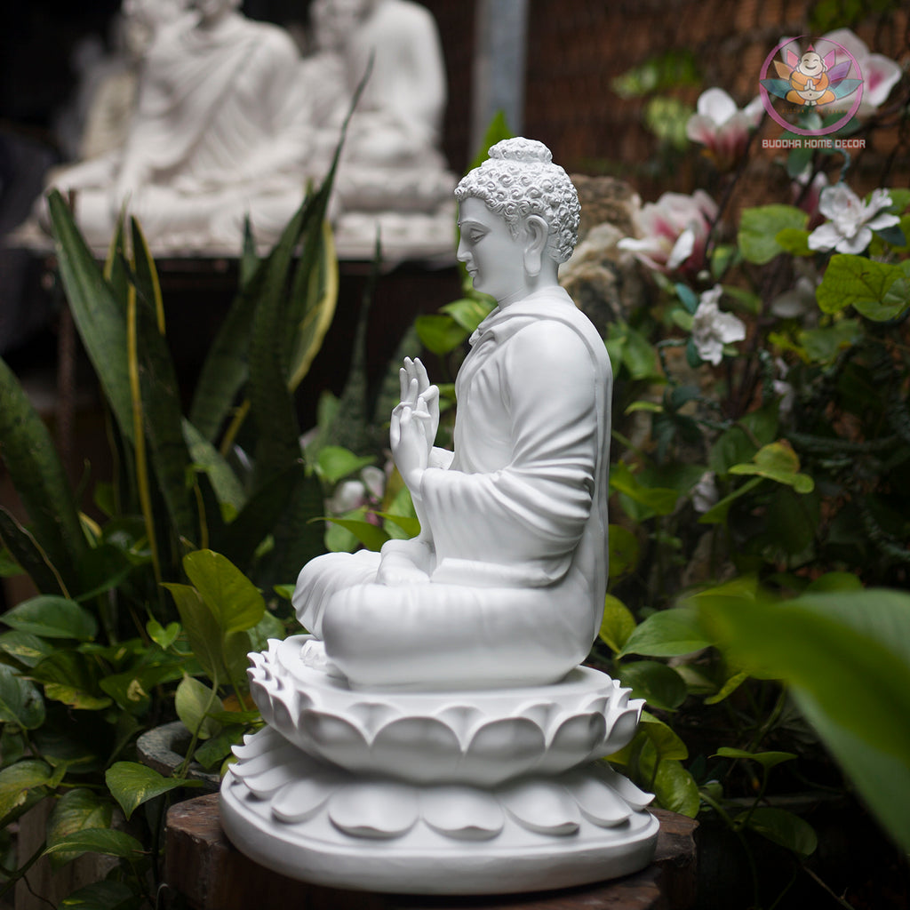 White Buddha Teaching Statue – 19.7" Resin Shakyamuni Turning the Dharma Wheel – Zen Altar, Meditation Space, Spiritual Decor Gift