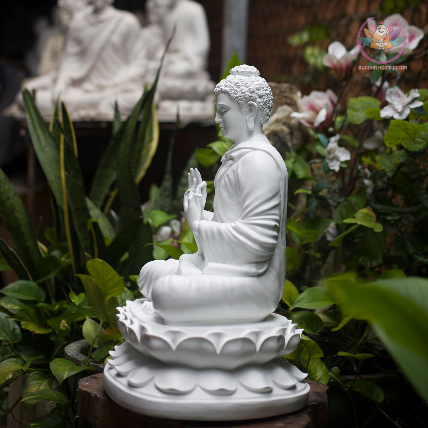 White Buddha Teaching Statue – 19.7" Resin Shakyamuni Turning the Dharma Wheel – Zen Altar, Meditation Space, Spiritual Decor Gift