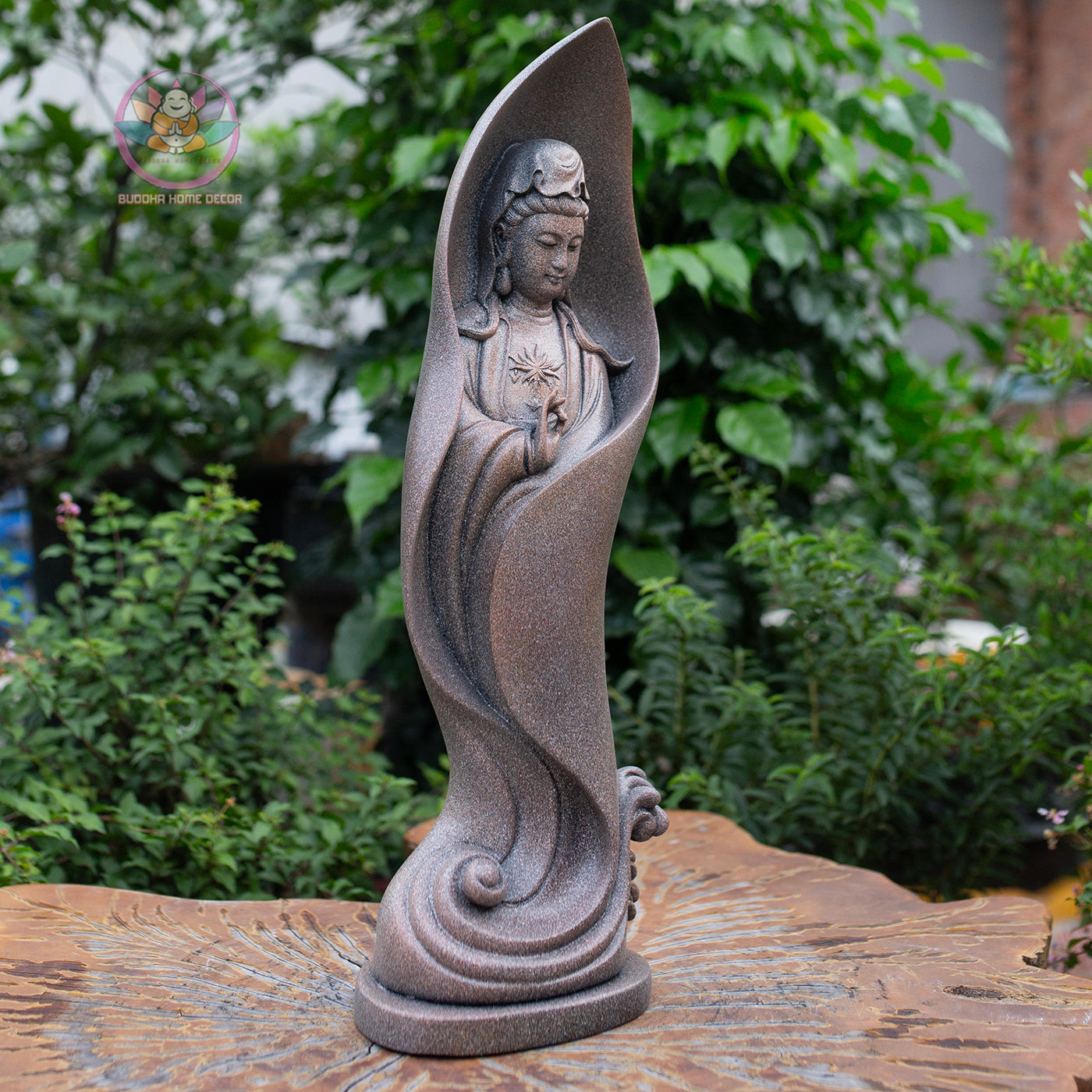 Guanyin Bodhisattva Statue 18.9" – Lotus Leaf Design Kwan Yin in Antique Stone Finish