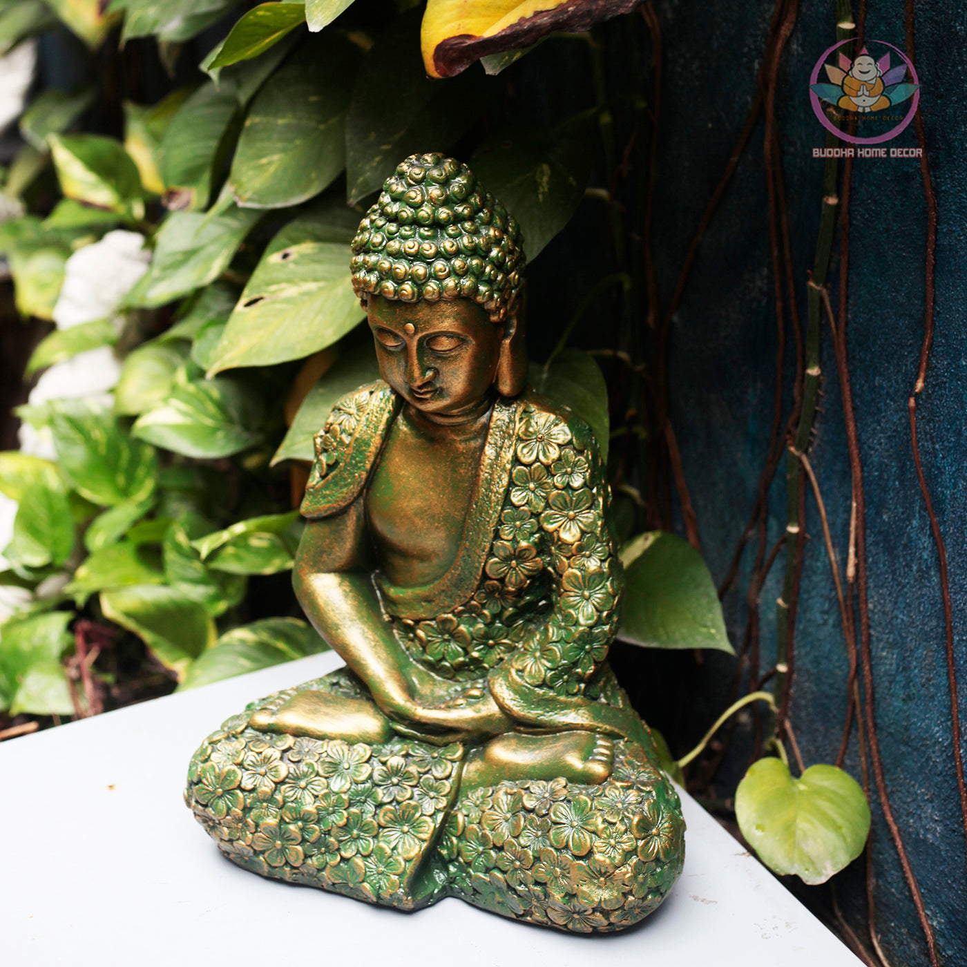 Floral Buddha Statue – 17" or 27.5" | Green Bronze Finish | Meditation Shakyamuni | Resin Handcrafted Buddhist Decor from Vietnam