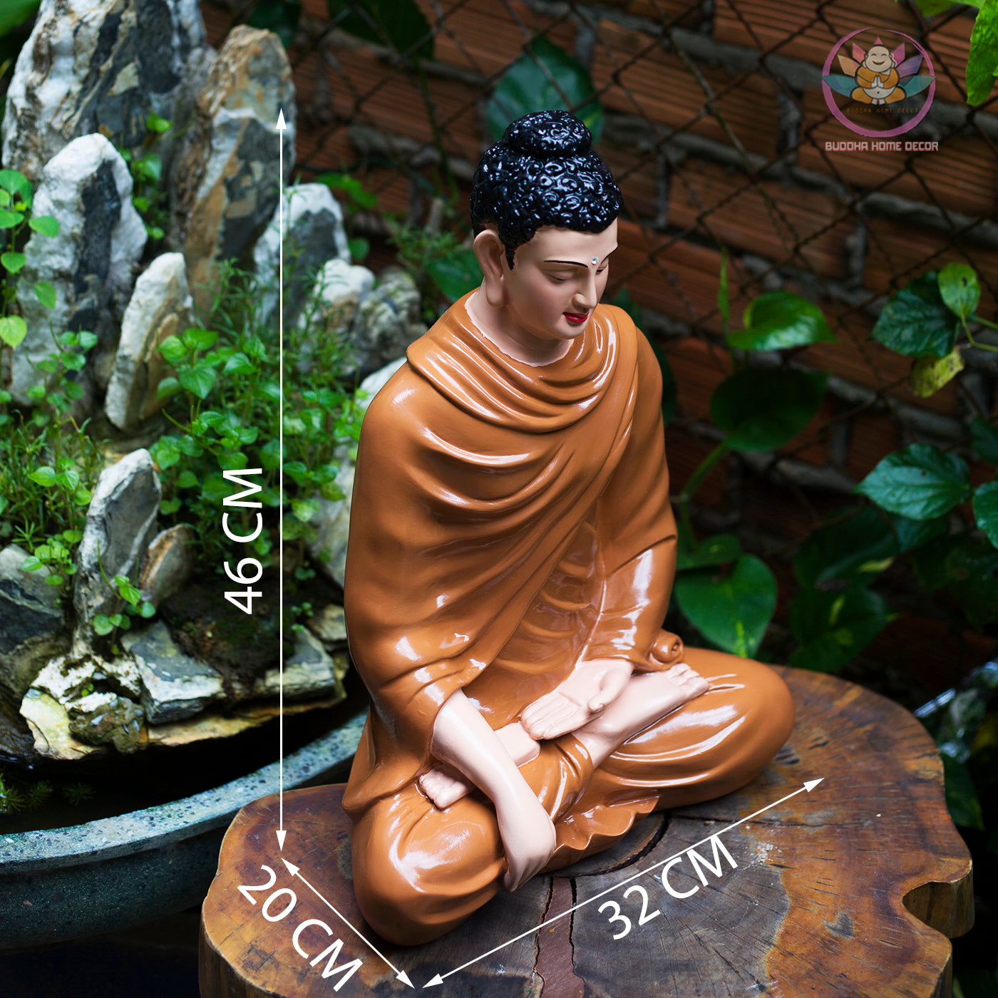 Brown Robe Buddha Statue – 18.1 inches Shakyamuni in Meditation | Glossy Ceramic-Look Finish | Handcrafted Resin | Vietnamese Buddhist Decor