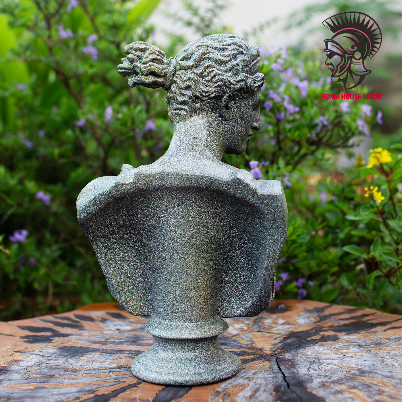Greek Goddess Artemis Bust with Column Pedestal – Classic Green Stone Finish Sculpture Set (11.8" & 13")