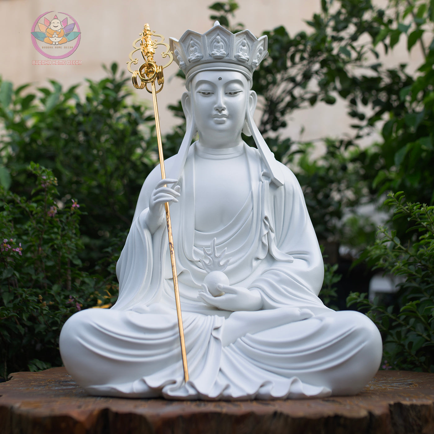 White Buddha Statue Set – Shakyamuni 57 cm, Ksitigarbha and Quan Yin 50 cm | Composite Resin and Stone Powder | Buddhist Altar Decor
