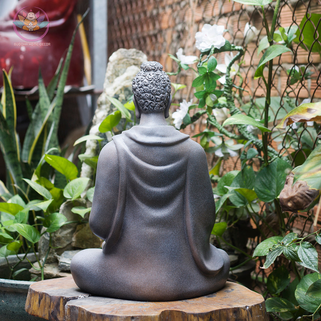 Stone-Textured Buddha Statue – 18.1" (46cm) Shakyamuni in Meditation | Earthy Gray Resin Finish | Handcrafted Vietnamese Altar Sculpture