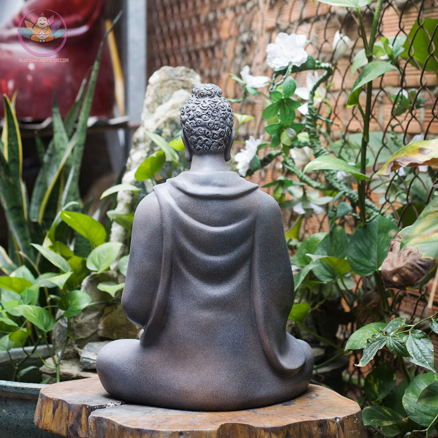 Stone-Textured Buddha Statue – 18.1" (46cm) Shakyamuni in Meditation | Earthy Gray Resin Finish | Handcrafted Vietnamese Altar Sculpture