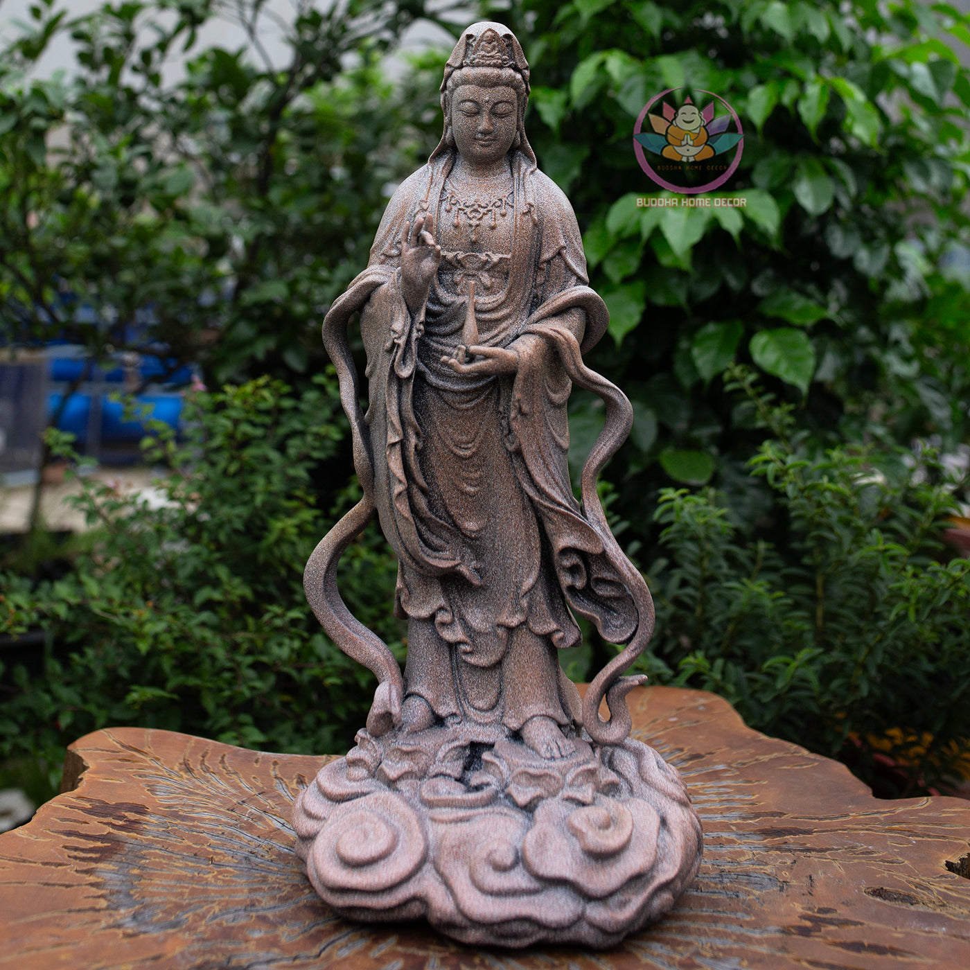 Guanyin Bodhisattva Statue 19.7" – Antique Stone Finish Standing Kwan Yin on Cloud Base