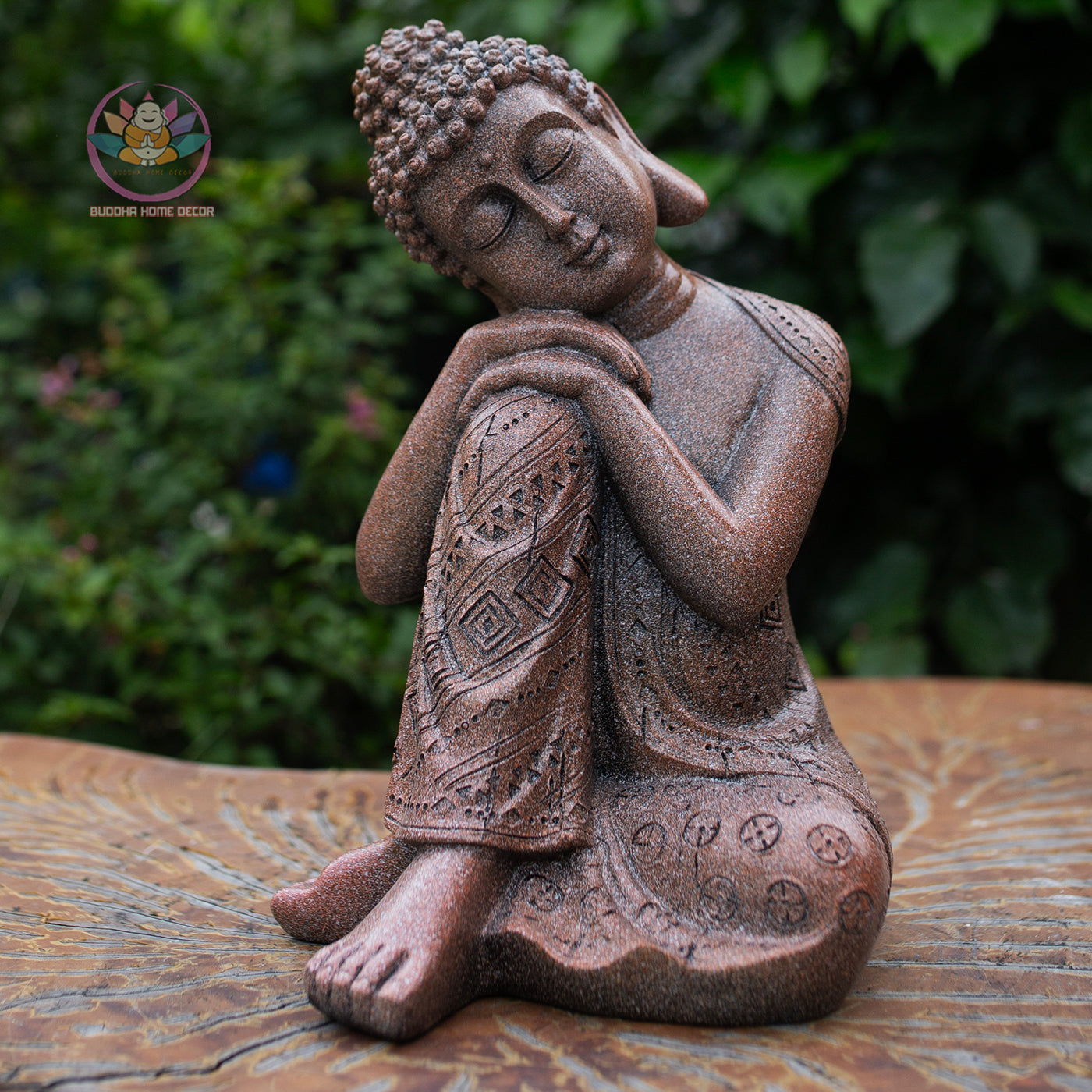 Resting Buddha Statue 9.8" – Red Stone Finish Sleeping Buddha for Home & Garden Decor