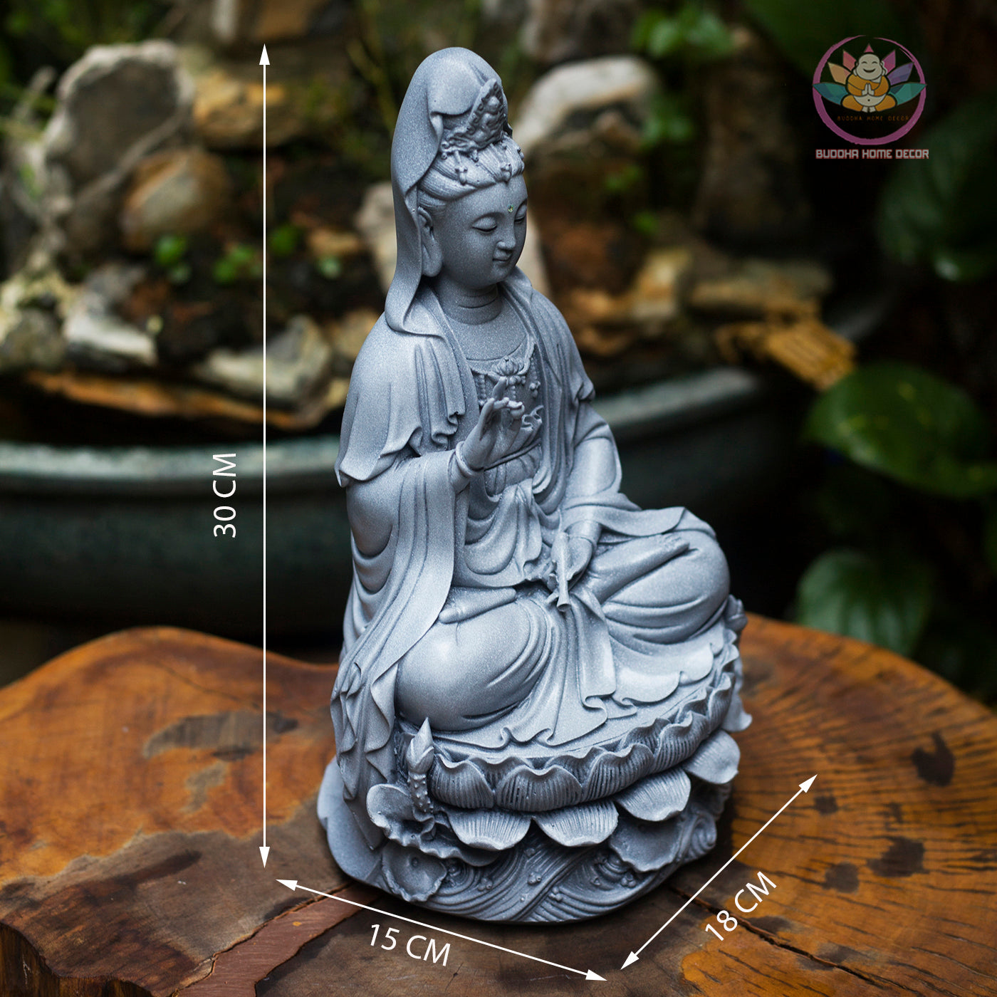 Gray Guanyin Statue 11.8” | Kuan Yin Goddess of Mercy Figurine | Resin Sculpture for Altar, Zen Home, Meditation, Spiritual Gift