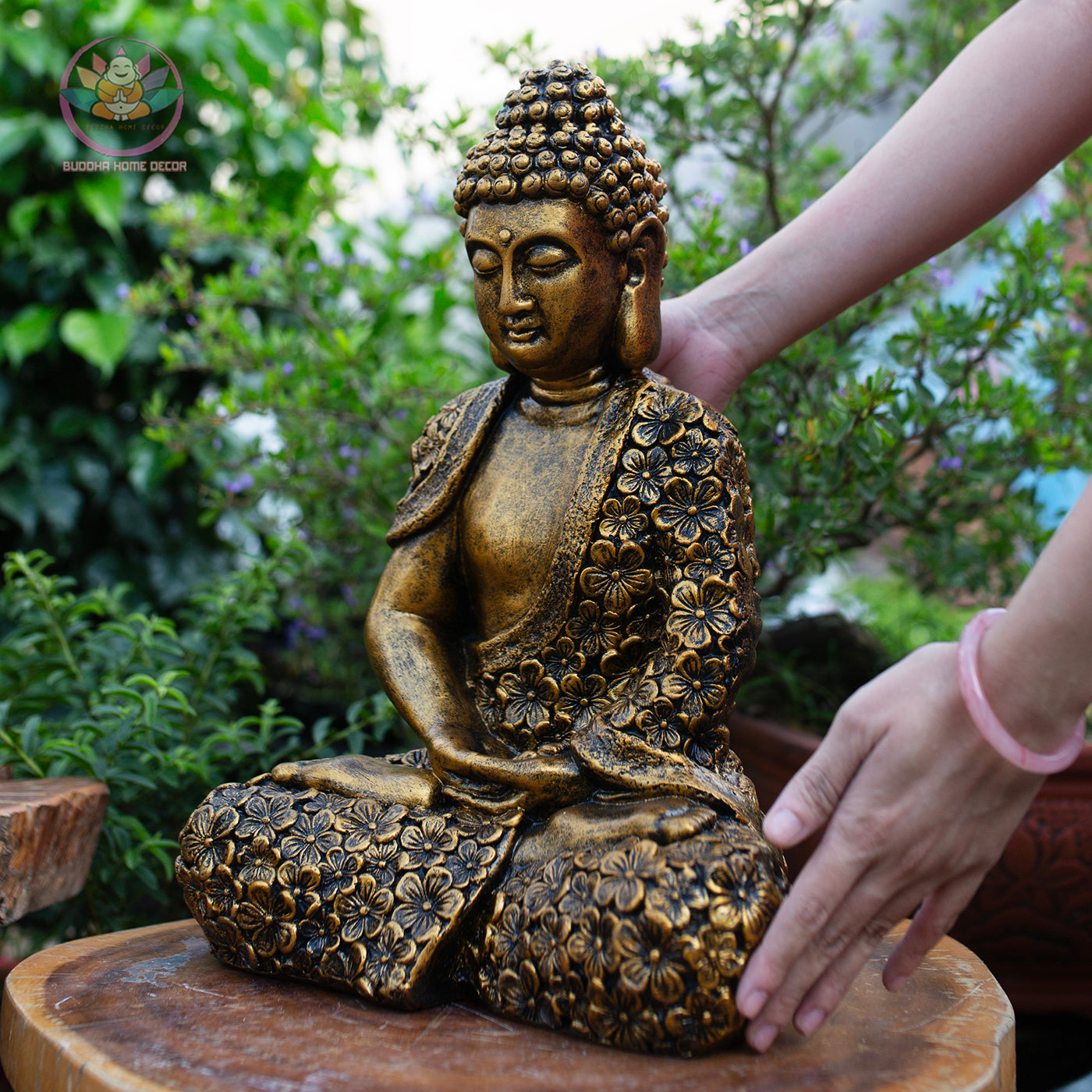 Gold Floral Buddha Statue – 27.6" & 16.9" Resin Meditating Buddha Figurine – Zen Home Altar, Garden, Spiritual Decor Gift