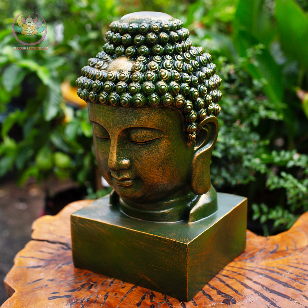 Buddha Head Statue – Antique Bronze Resin Sculpture – Zen Home Decor, Meditation Space Accent, Spiritual Gift, Asian Art Ornament