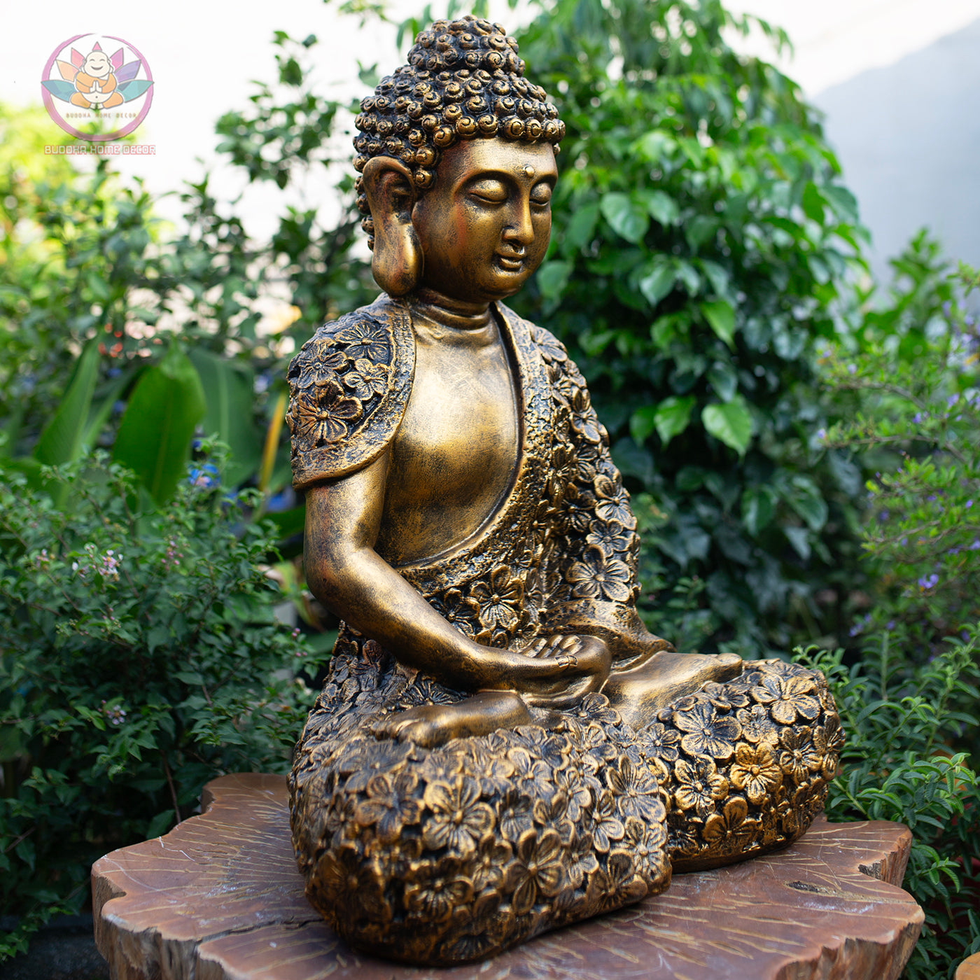 Gold Floral Buddha Statue – 27.6" & 16.9" Resin Meditating Buddha Figurine – Zen Home Altar, Garden, Spiritual Decor Gift