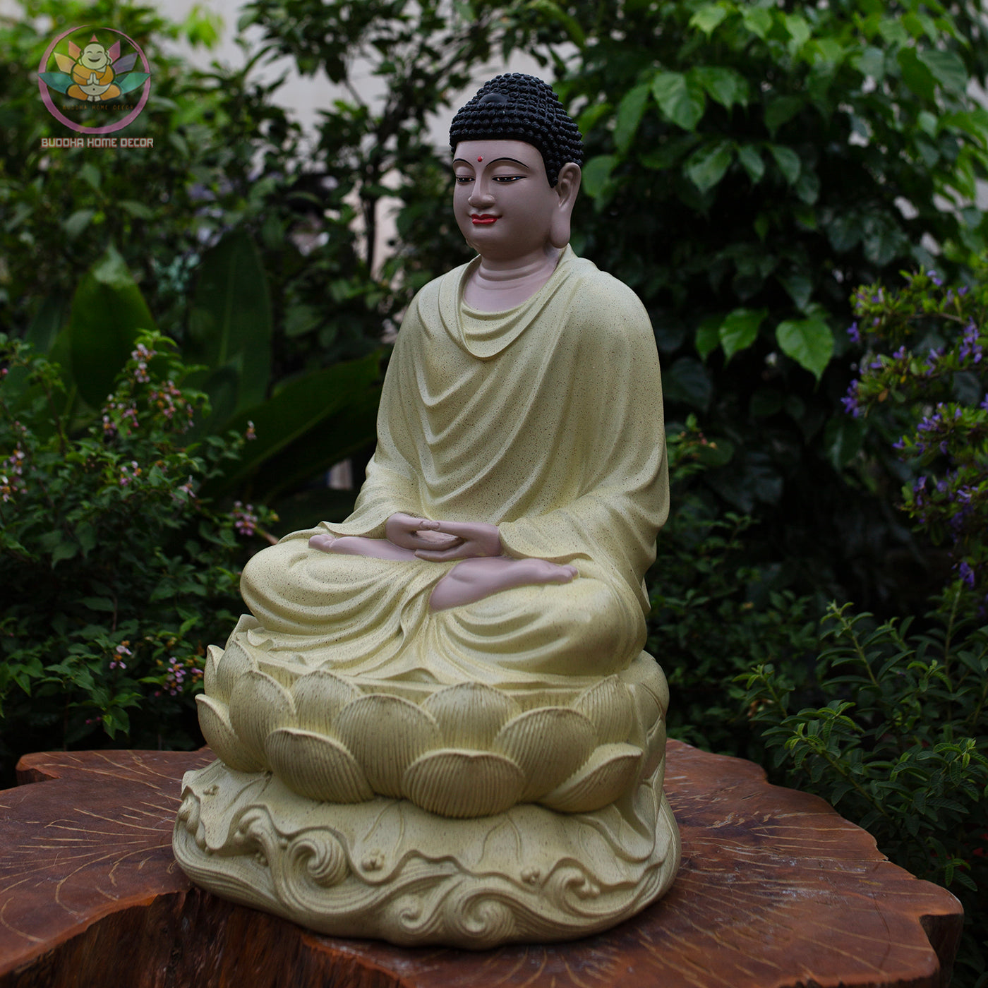 Shakyamuni Buddha Statue on Lotus – 18.9" (48cm) Cream Yellow Resin | Meditation Pose | Handcrafted Vietnamese Buddhist Decor