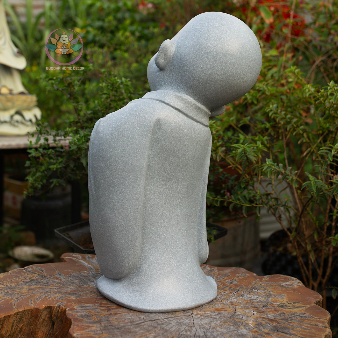 Happy Little Monk Statue 19.7" | Composite Resin and Stone Powder | Grey Stone Finish | Zen Monk Figurines for Home and Garden Decor