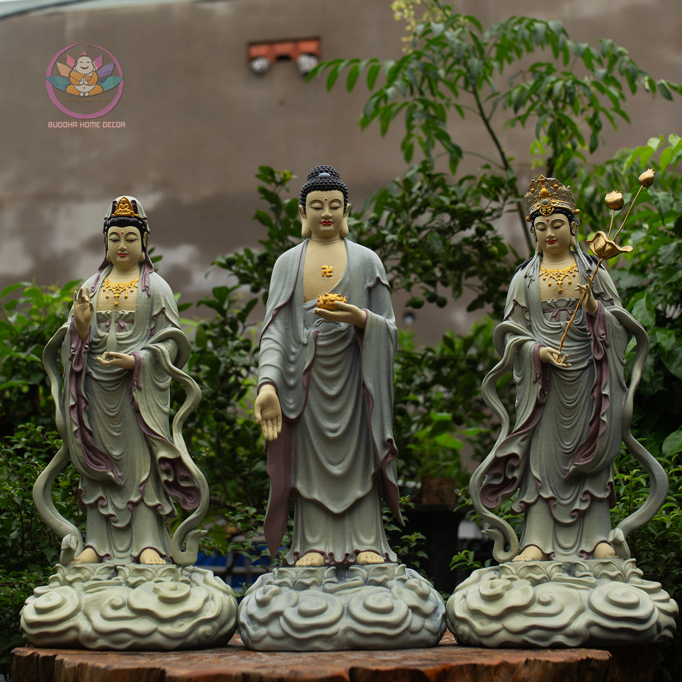 Amitabha Trinity set (Amitabha Buddha with Avalokiteshvara & Mahasthamaprapta) – 50 cm Resin Statue Set – Cloud Pedestal Design