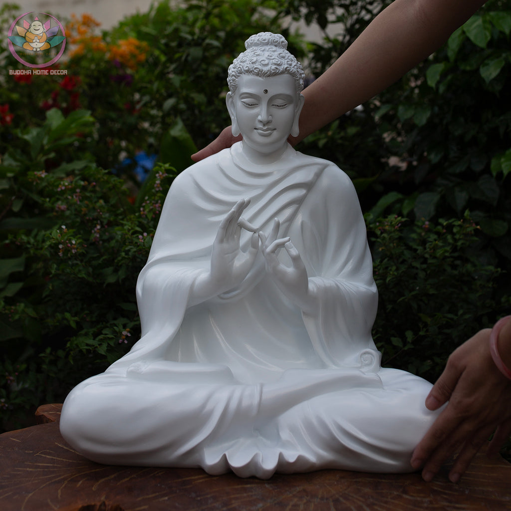 Shakyamuni Buddha Statue – Teaching Mudra in White 19.7" (50cm) | Turning the Dharma Wheel | Resin Sculpture | Vietnamese Handcrafted Art