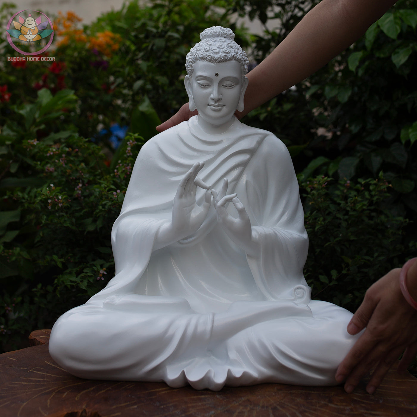 Shakyamuni Buddha Statue – Teaching Mudra in White 19.7" (50cm) | Turning the Dharma Wheel | Resin Sculpture | Vietnamese Handcrafted Art