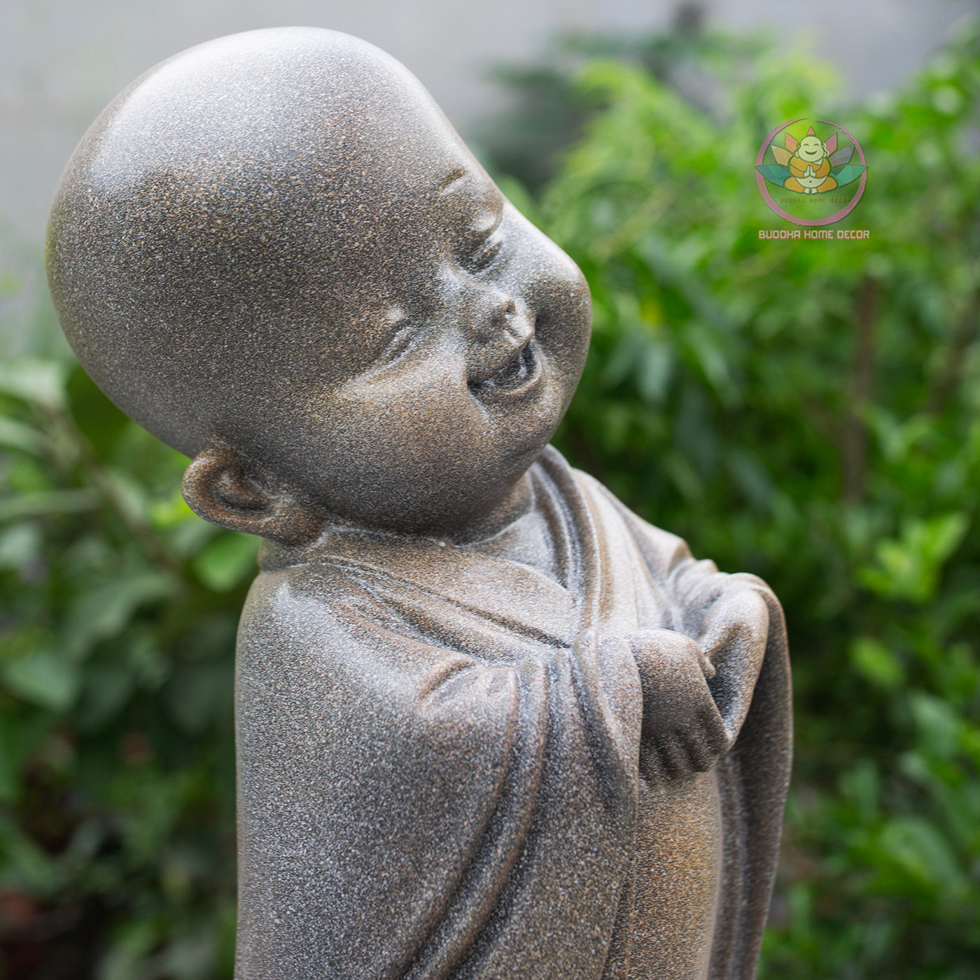Happy Little Monk Statue Set 15.7" | Composite Resin and Stone Powder | Antique Stone Finish | Zen Monk Figurines for Home and Garden Decor