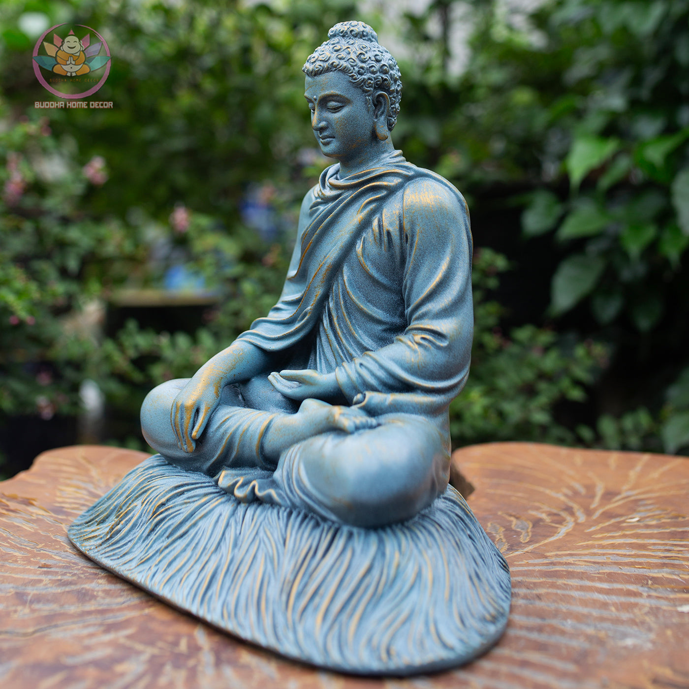 Shakyamuni Buddha Statue 11.8" – Antique Bronze Blue Resin Meditation Sculpture, Seated Buddhist Figurine, Zen Home Altar Spiritual Decor
