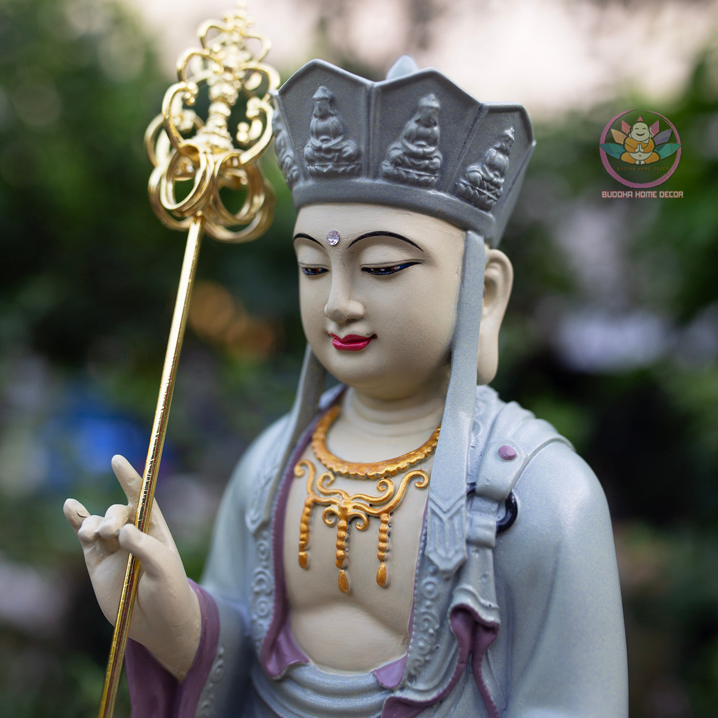 Ksitigarbha Bodhisattva Statue 11.8" | Pastel Grey Finish with Gold Details | Buddhist Altar and Meditation Decor