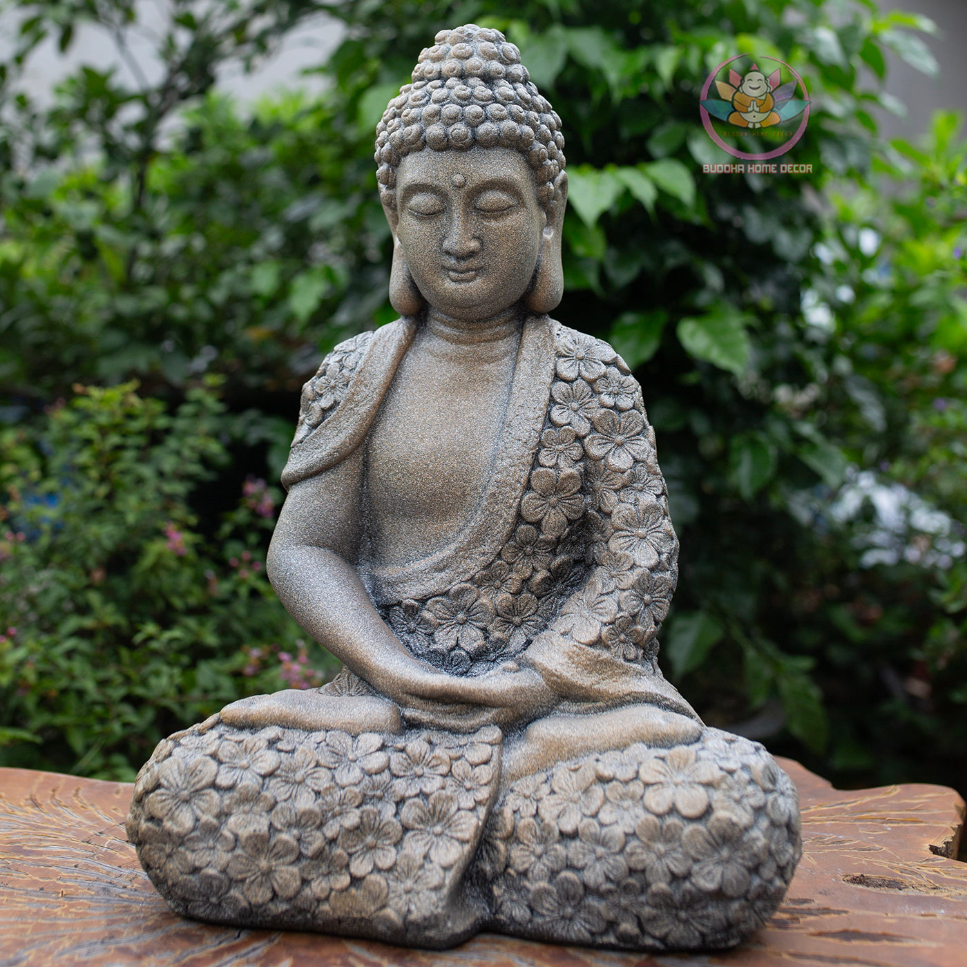 Meditating Buddha Statue 16.9" – Antique Stone Finish Floral Robe Buddha Sculpture