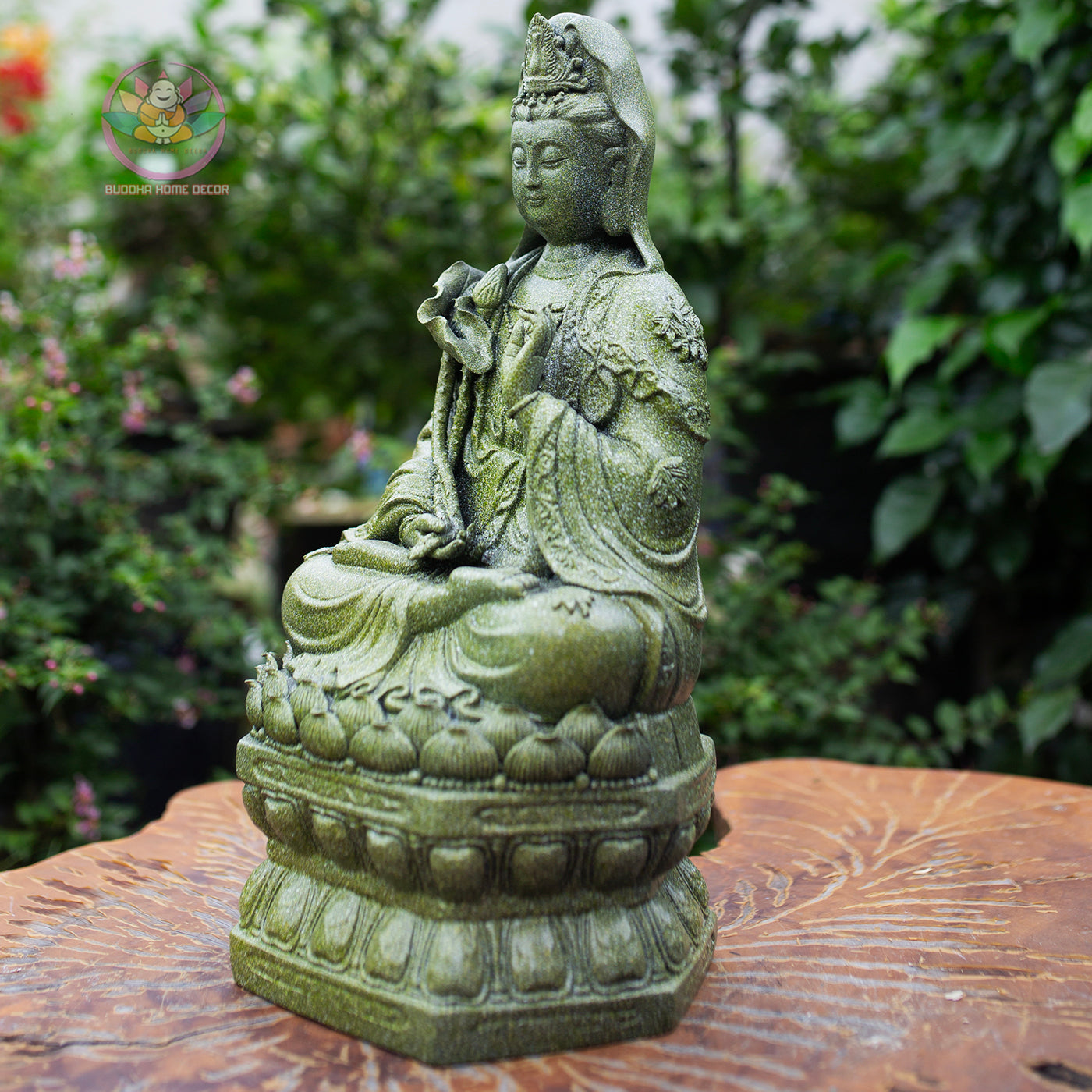 Guanyin Bodhisattva Statue 15.7" – Antique Green Stone Resin Kwan Yin Sculpture, Goddess of Mercy Figurine, Zen Buddhist Altar Decor Gift
