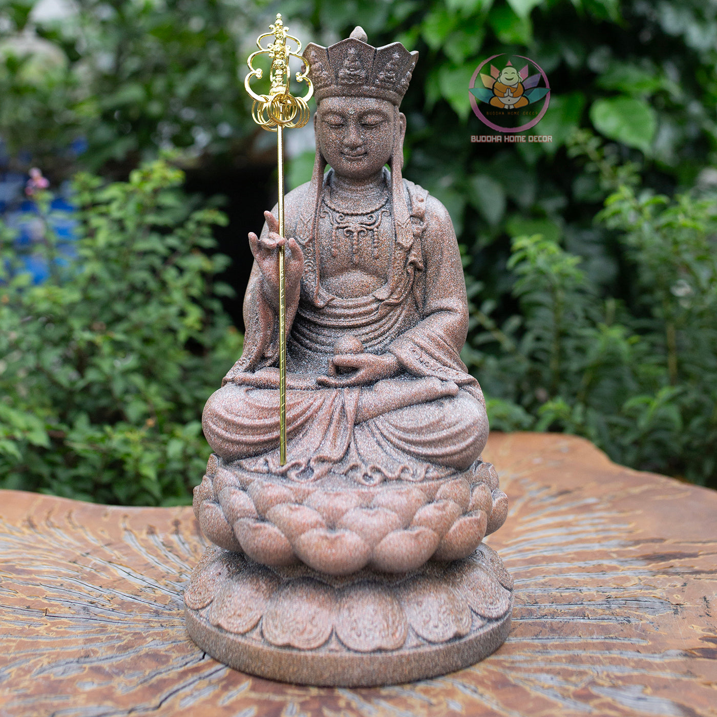 Ksitigarbha Bodhisattva Statue 11.8" – Antique Stone Finish Jizo with Lotus Pedestal