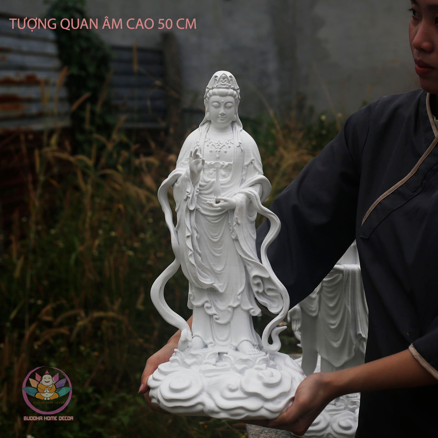 Standing Guanyin Statue – 19.7" (50cm) Bodhisattva on Cloud Base | Hand-Painted Resin Sculpture | Vintage Buddhist Decor from Vietnam