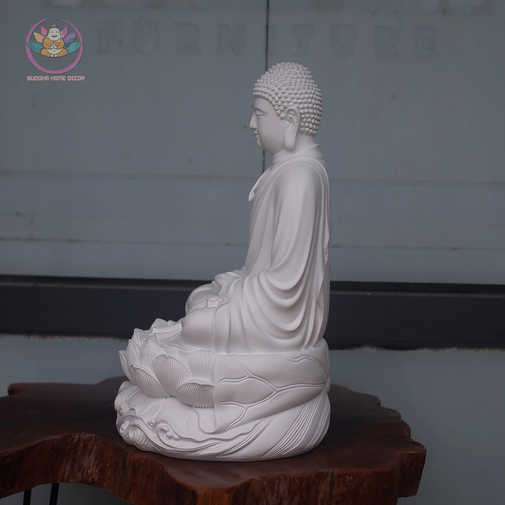 Shakyamuni Buddha Statue – Smiling Resin Meditation Sculpture, Seated Buddha Figurine on Lotus, Zen Buddhist Altar Home Decor