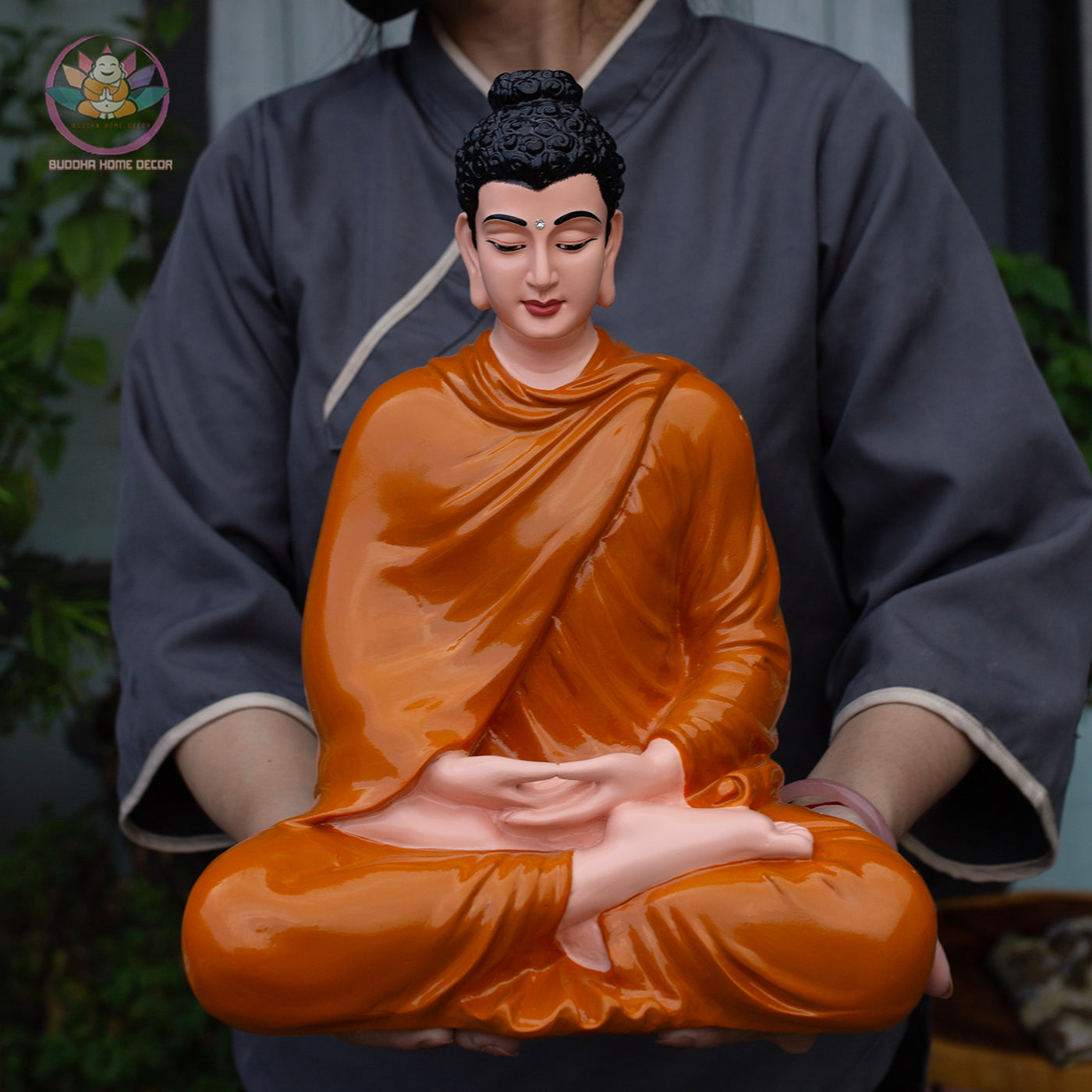 Shakyamuni Buddha Statue – 13.7" Meditation Figure in Orange Robe | Handcrafted Resin Sculpture for Altar & Zen Space