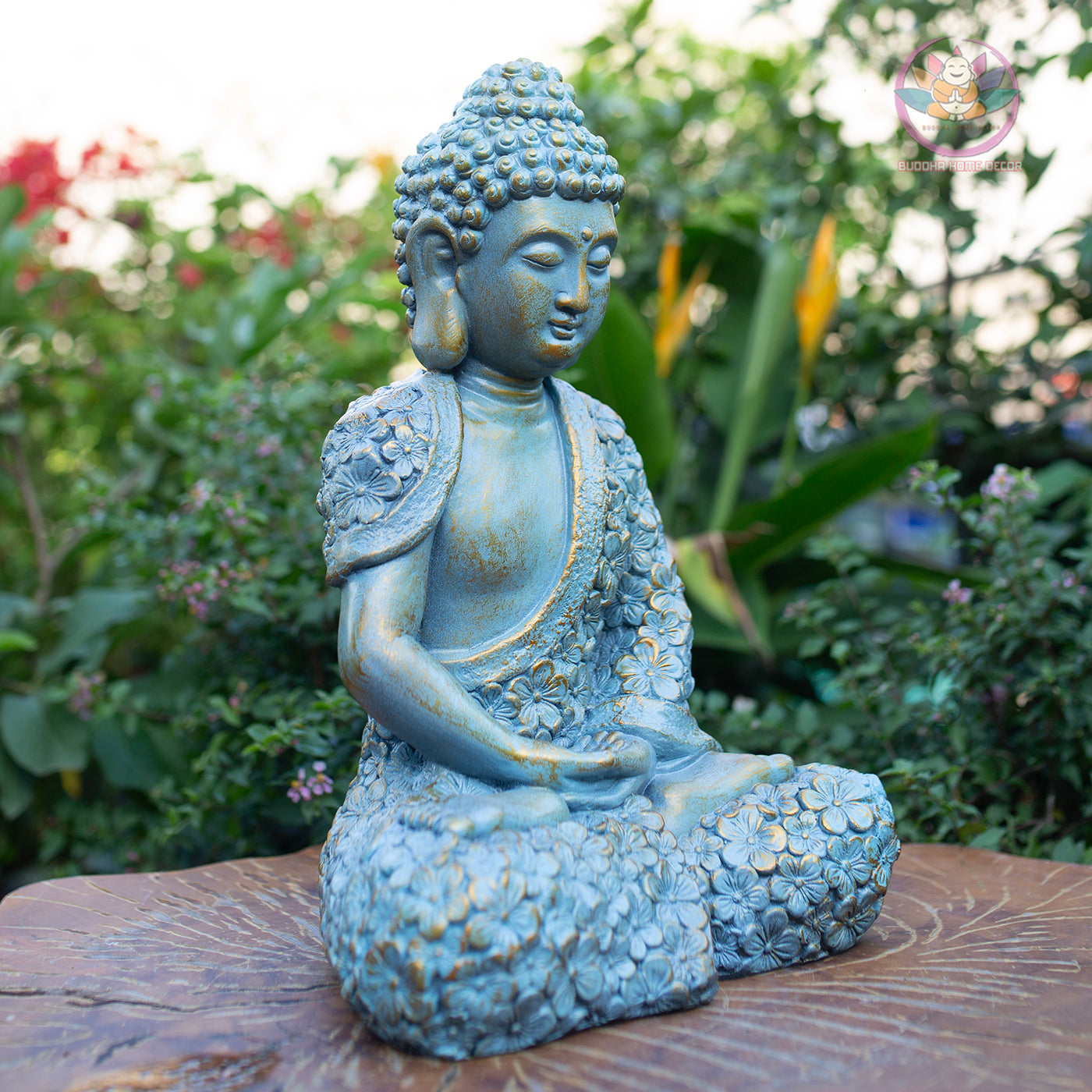 Shakyamuni Buddha Statue – Blue Floral Meditation Sculpture – Zen Home Decor, Buddhist Altar Ornament, Mindfulness Spiritual Gift