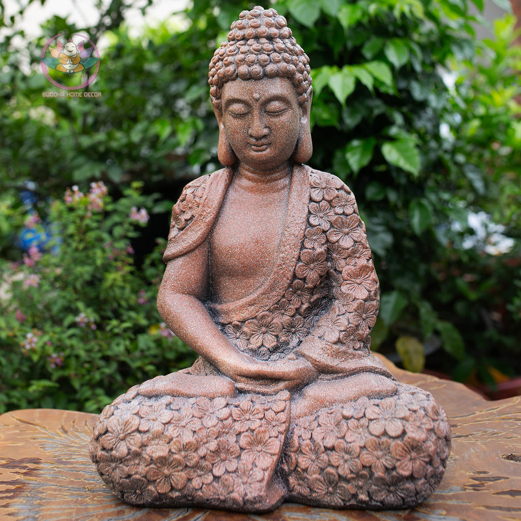 Floral Robe Seated Buddha 16.9" – Meditating Buddha Statue for Home & Garden Decor