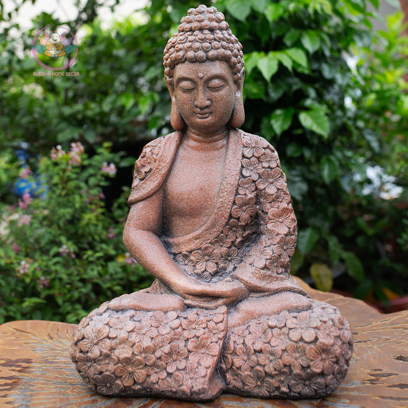 Floral Robe Seated Buddha 16.9" – Meditating Buddha Statue for Home & Garden Decor