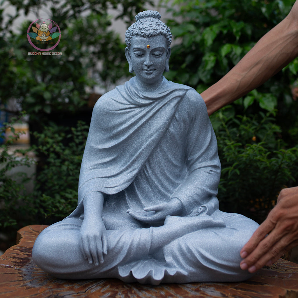 Large Buddha Statue 19.7" – Shakyamuni Meditation Sculpture in Light Stone Finish