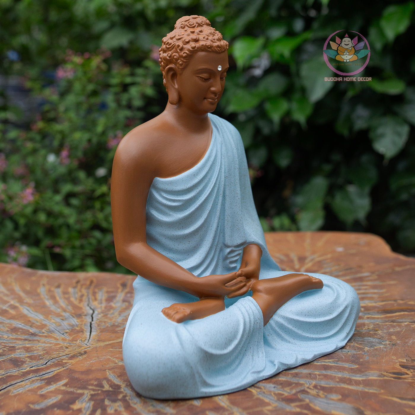 Shakyamuni Buddha Statue 9.4" – Composite Seated Buddha with Blue Robe, Zen Buddhist Altar Home Decor Figurine