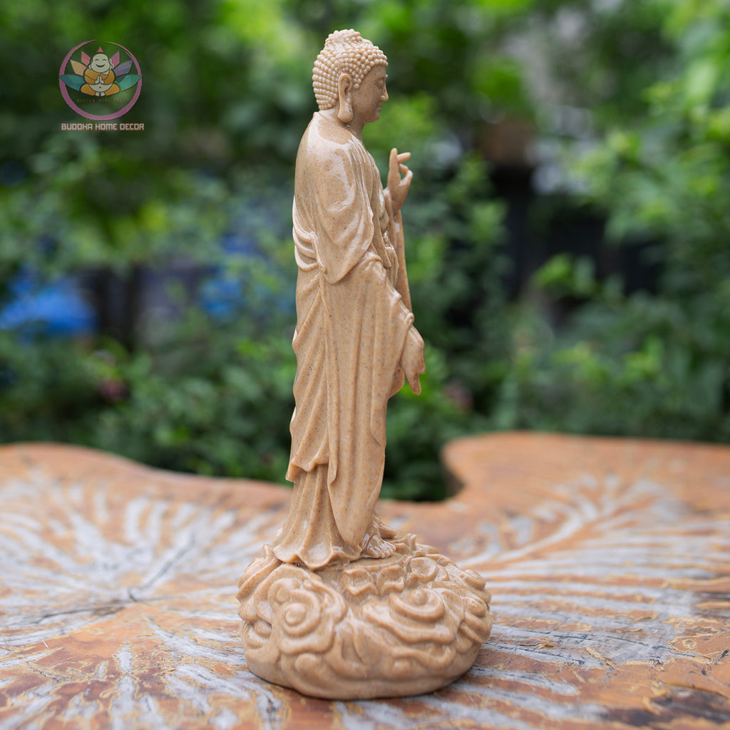 Amitabha Buddha Statue – 9" Standing Buddha on Lotus Base | Resin Stone Finish