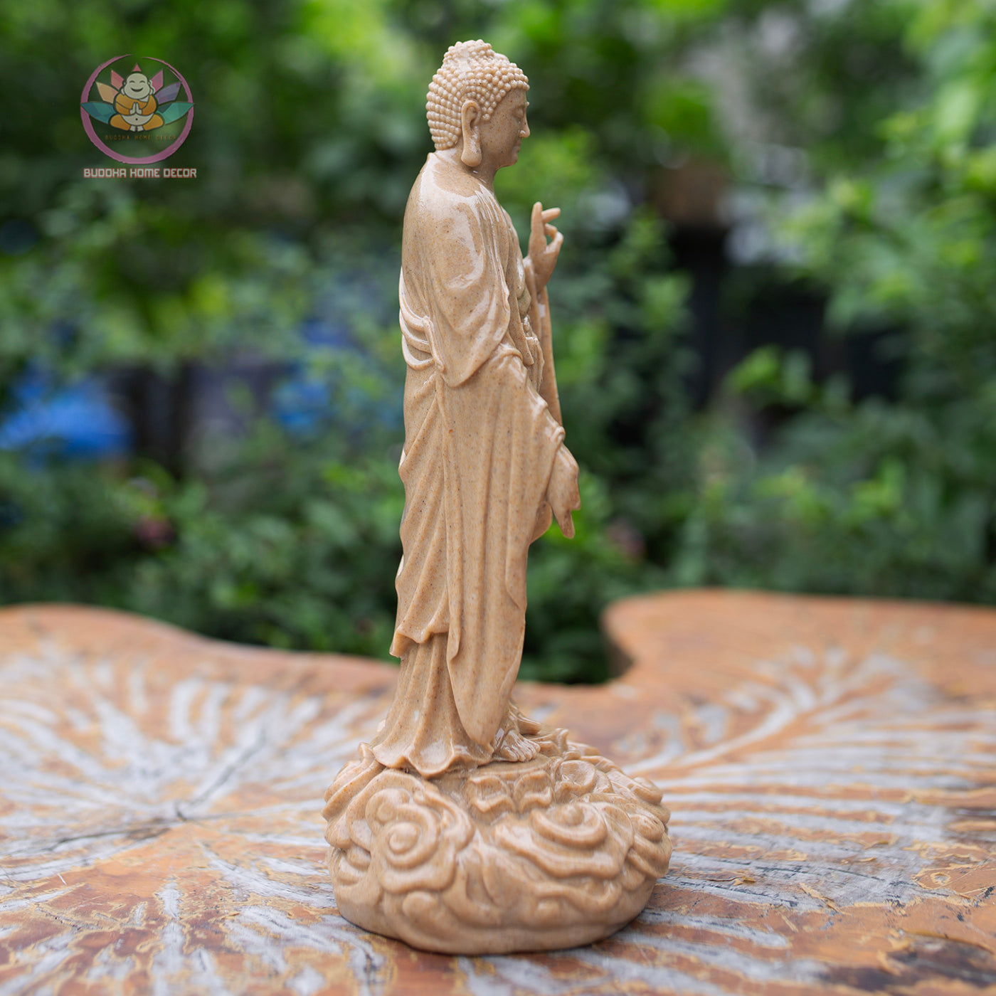 Amitabha Buddha Statue – 9" Standing Buddha on Lotus Base | Resin Stone Finish