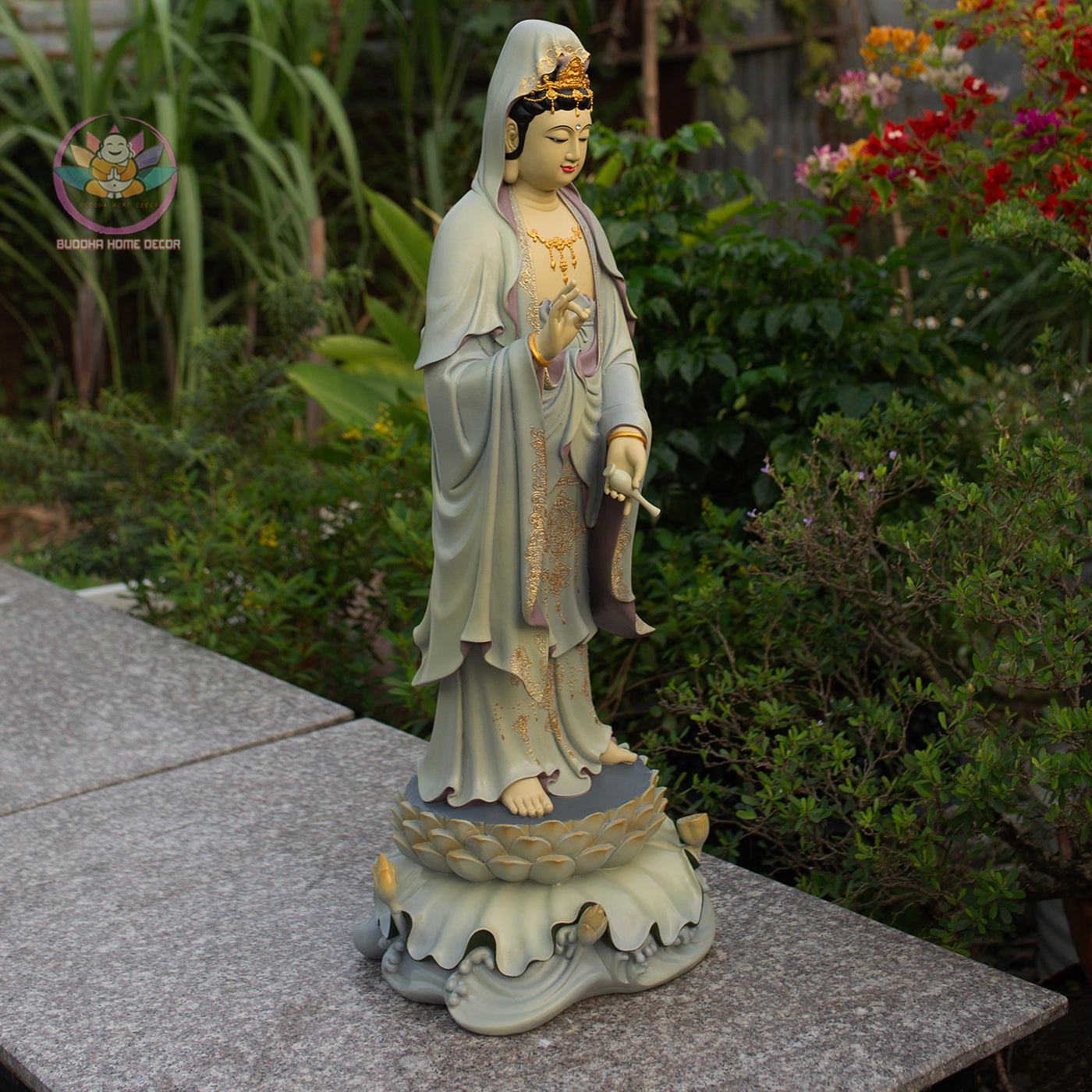 Standing Guanyin Statue – 35.4" (90cm) Bodhisattva on Cloud Base | Hand-Painted Resin Sculpture | Vintage Buddhist Decor from Vietnam