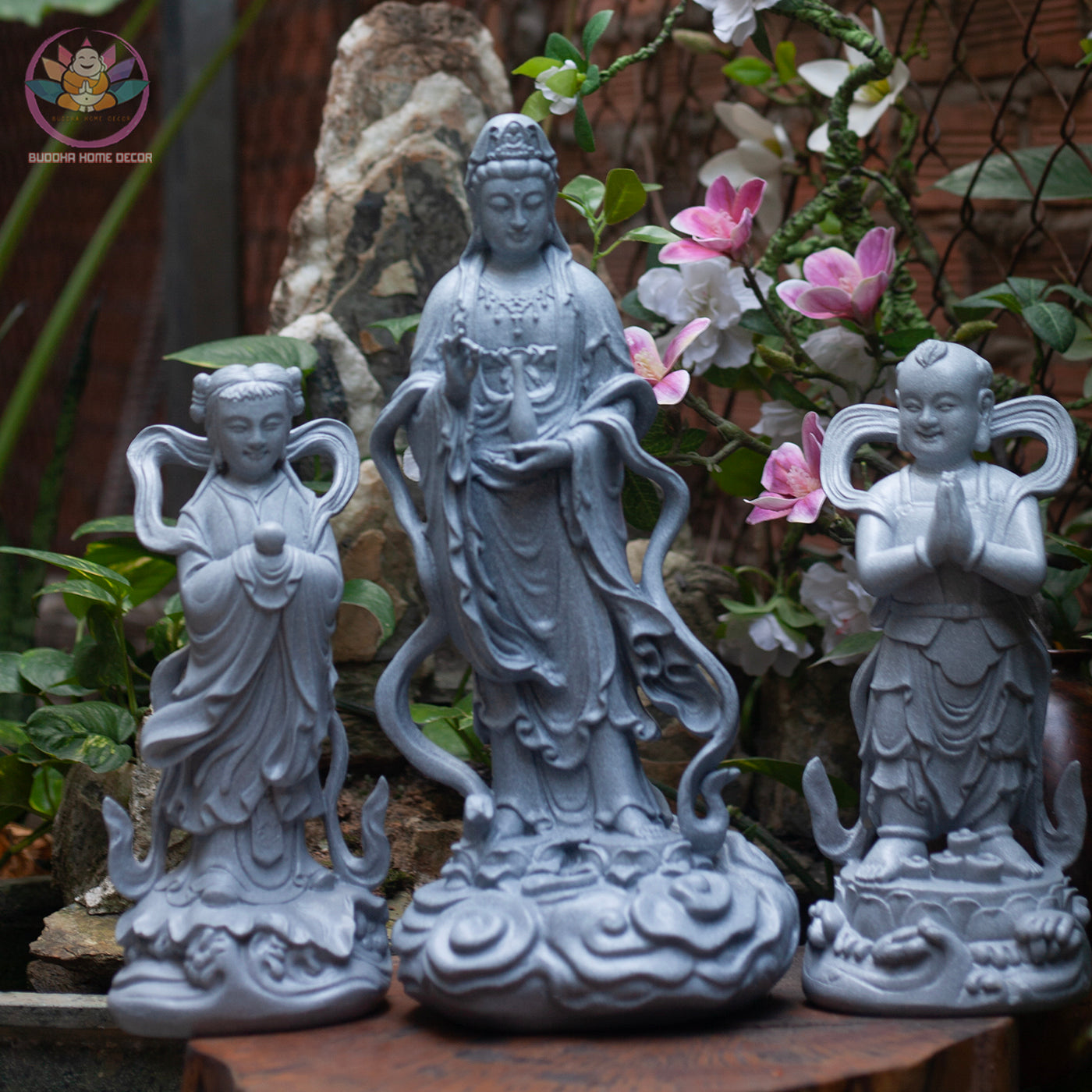 Heavenly Attendant Statue Set 11.8” | Boy & Girl Attendants (Tien Dong Ngoc Nu) | Resin Figurines for Altar, Buddhist Decor