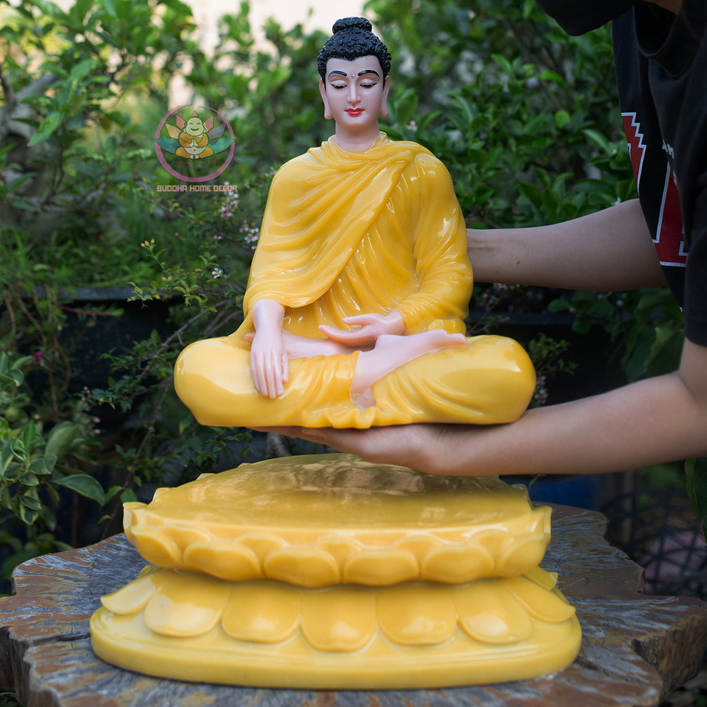 Shakyamuni Buddha Statue on 2-Layer Lotus Base – 50cm | Yellow Quartz Finish | Meditation Buddha | Spiritual Home Decor