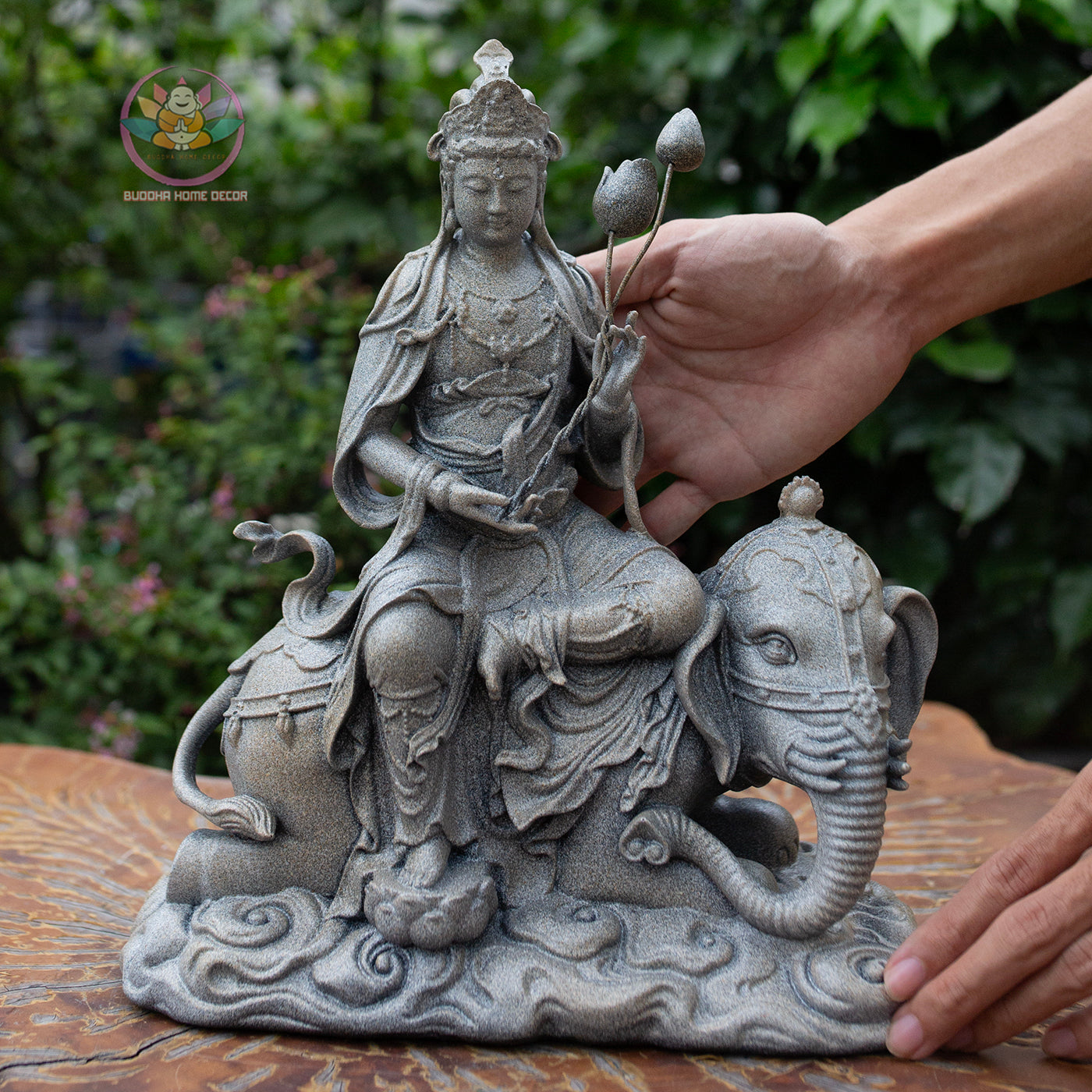 Manjushri and Samantabhadra Bodhisattva Statues 11.8" – Composite Stone Finish Buddhist Deities on Lion and Elephant