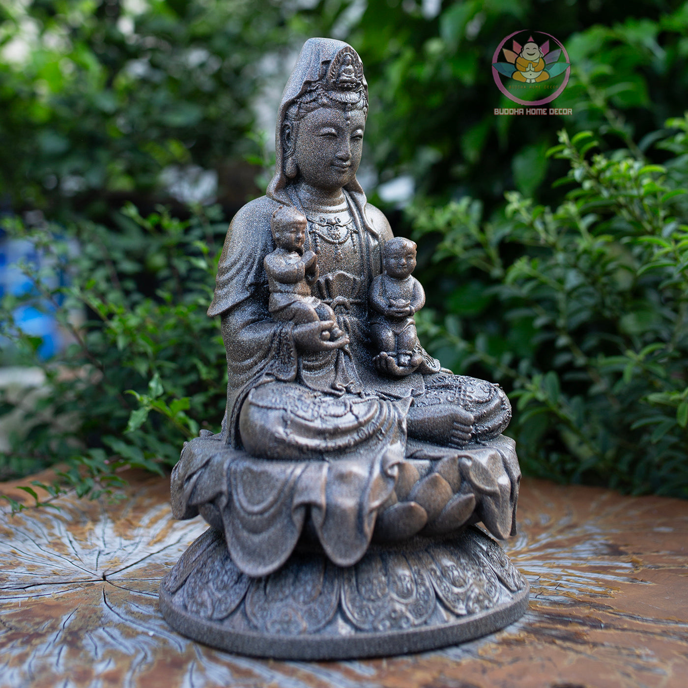 Quan Yin with Children Statue 11.8" | Granite Stone Finish | Guanyin Bodhisattva for Home Altar and Decor