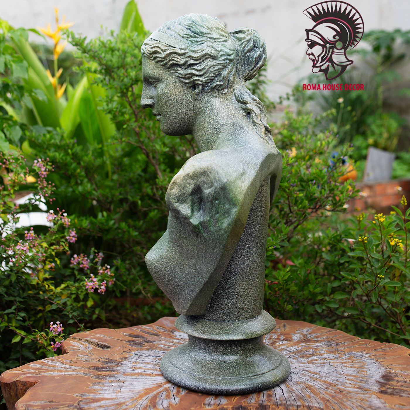 Venus de Milo Bust with Corinthian Column – Greek Goddess Sculpture Set, Green Stone Finish (20.8" & 30.7")