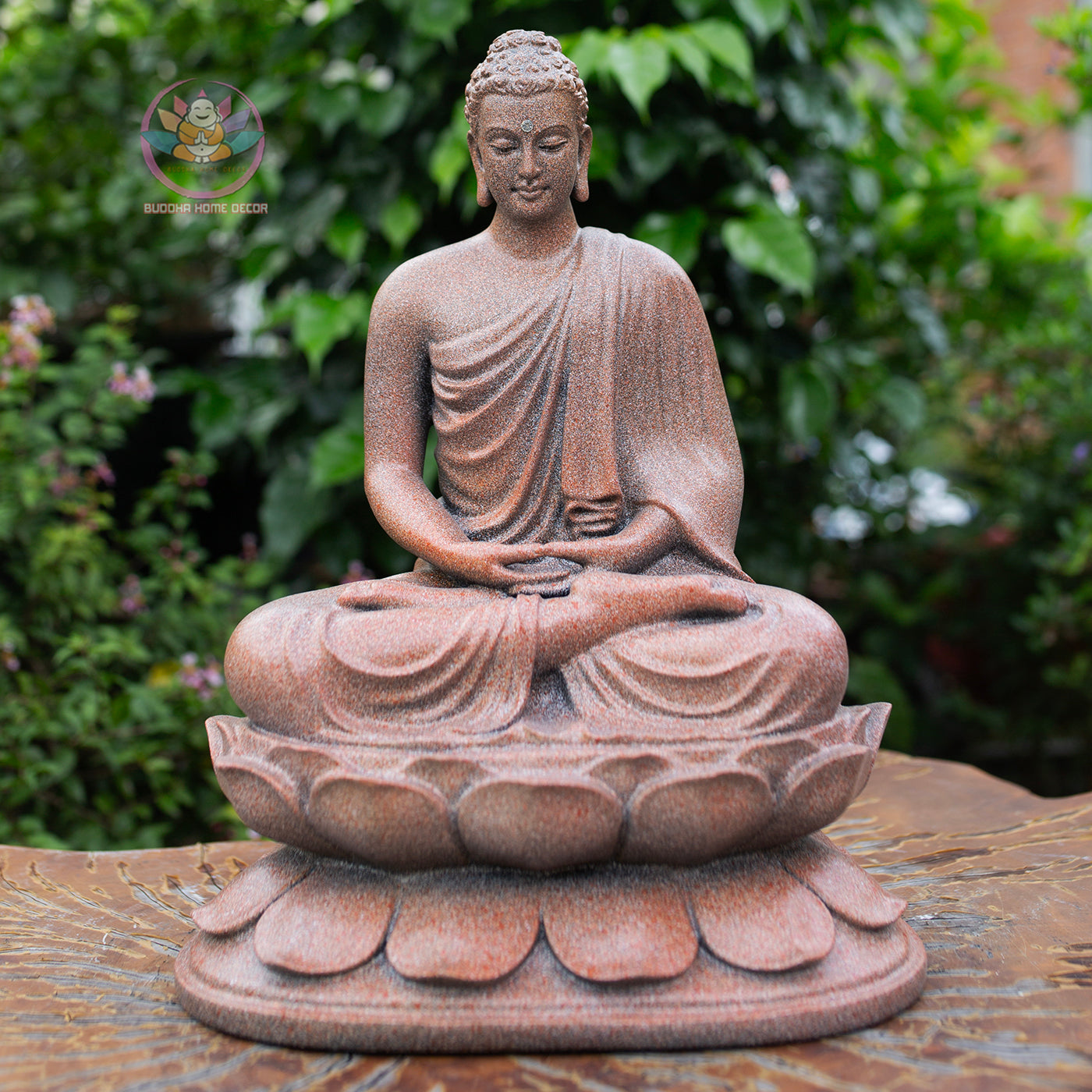 Shakyamuni Buddha Statue 12.6" – Antique Stone Finish Seated Buddha on Lotus Pedestal
