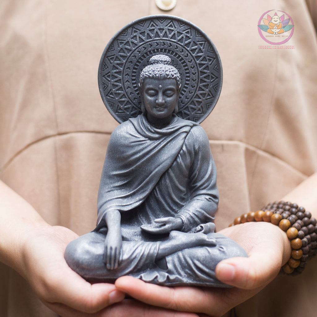 Buddha Statue with Halo – Shakyamuni Meditation Sculpture | Composite Resin Stone Finish | 18cm & 22cm