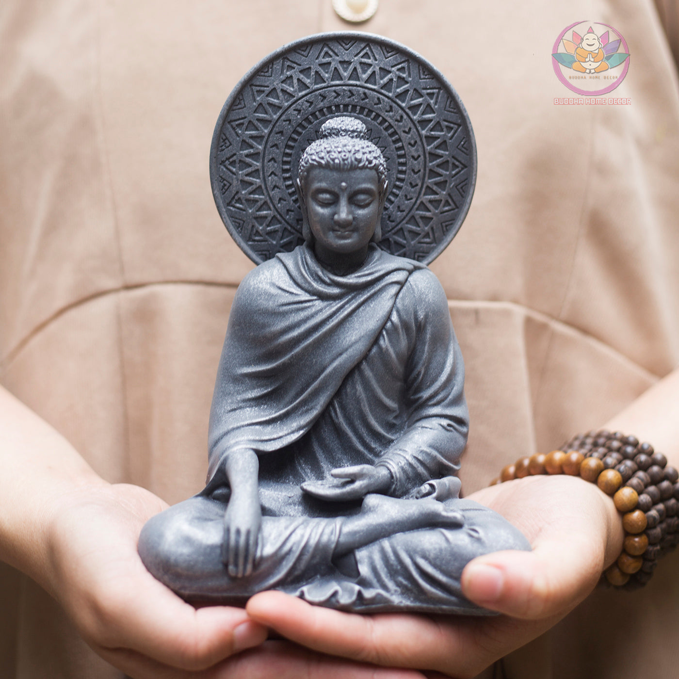 Buddha Statue with Halo – Shakyamuni Meditation Sculpture | Composite Resin Stone Finish | 18cm & 22cm