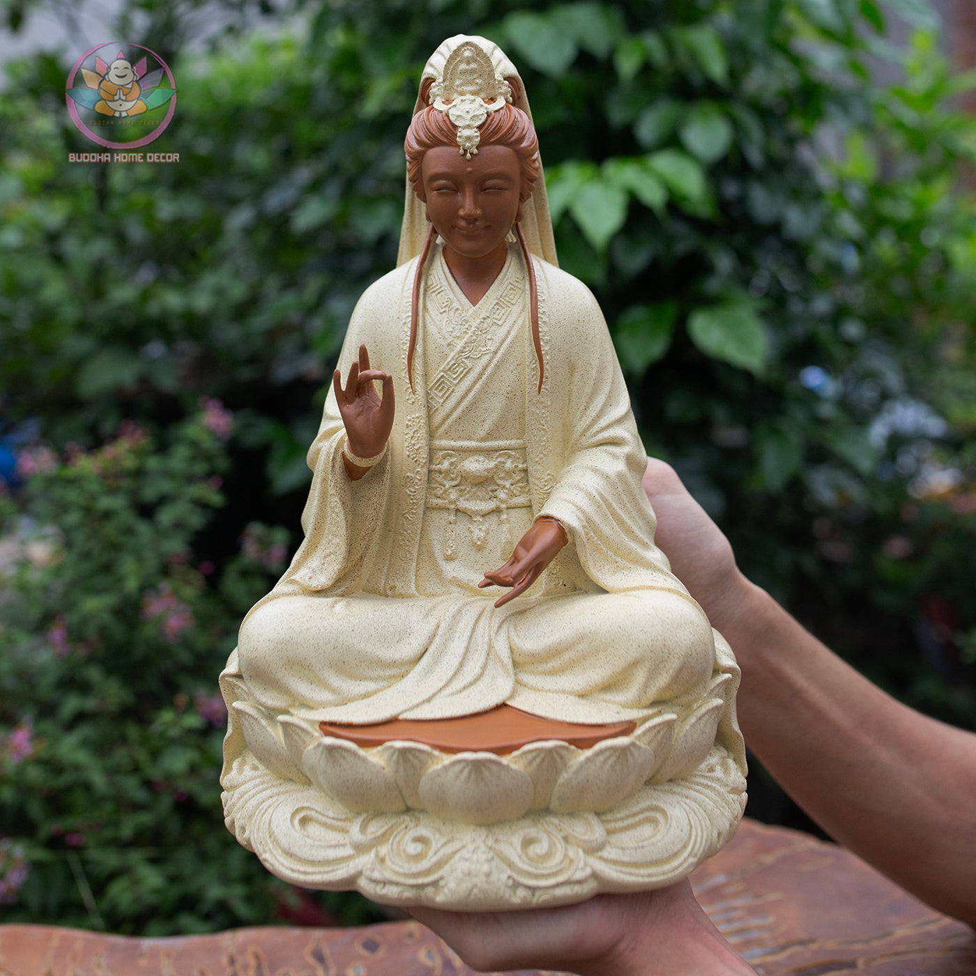 Guanyin Bodhisattva Statue 11.8" – Composite Seated Quan Yin on Lotus Pedestal