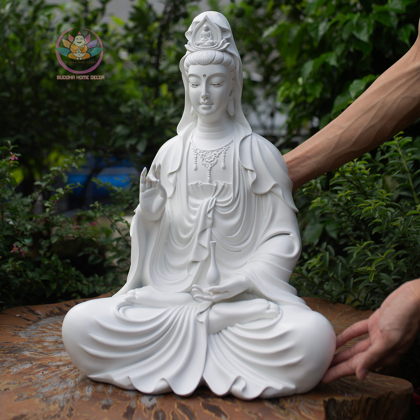 White Buddha Statue Set – Shakyamuni 57 cm, Ksitigarbha and Quan Yin 50 cm | Composite Resin and Stone Powder | Buddhist Altar Decor