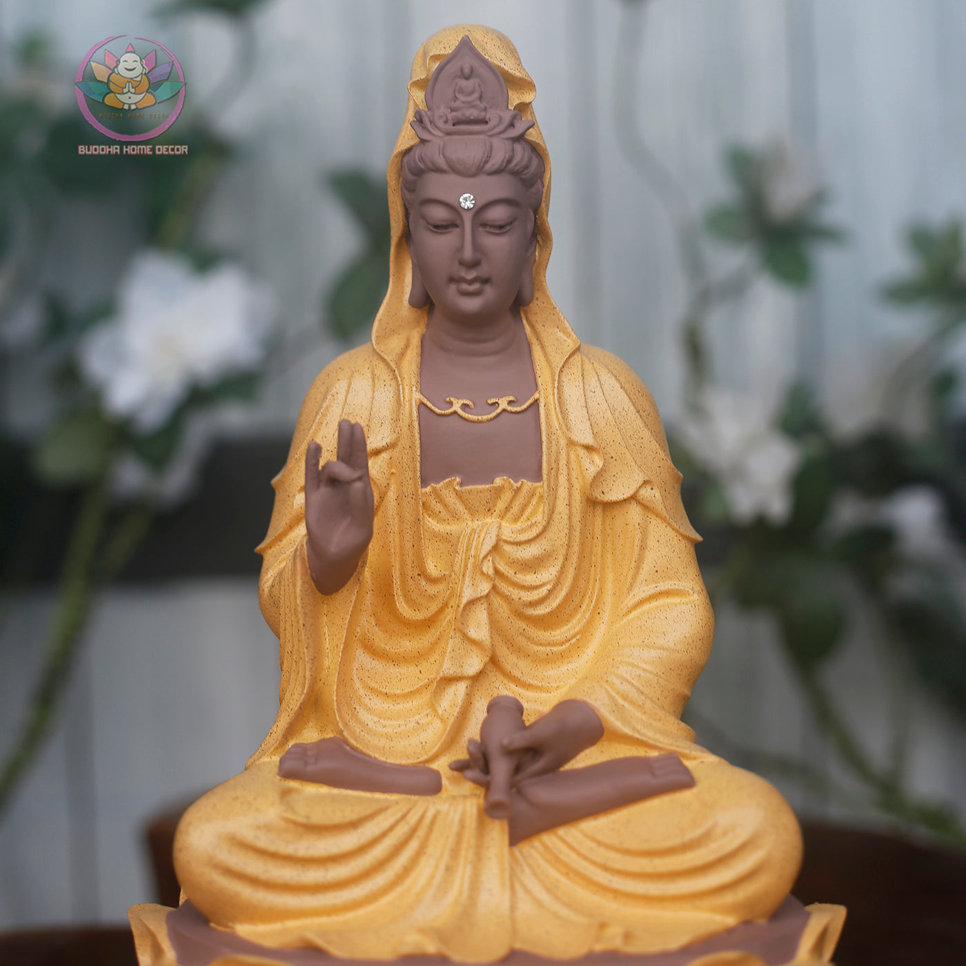 Yellow Robe Guanyin Statue – 11.8" Avalokiteshvara on Lotus Base | Kwan Yin Resin Sculpture for Altar & Zen Decor
