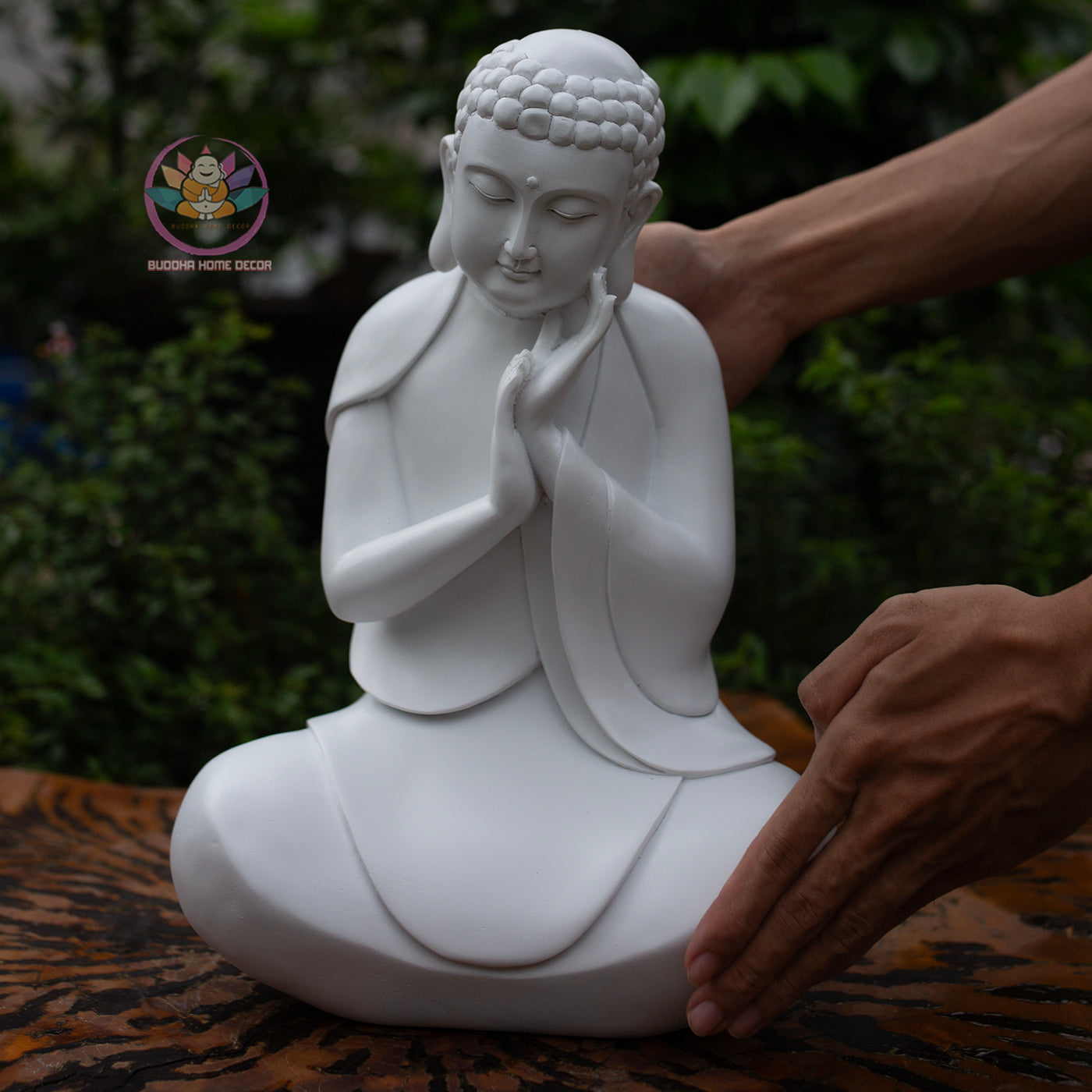 Resting Buddha Statue 13.8" – Red Wood Finish Peaceful Meditating Buddha Sculpture